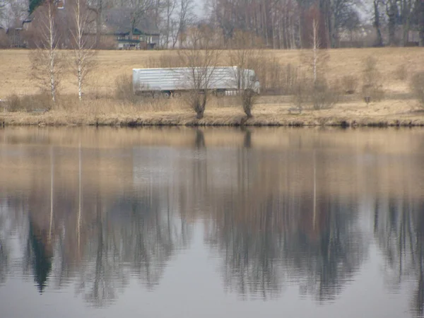 Early Spring Landscape Lake Reed — Stock Photo, Image