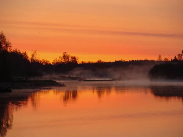 Paysage Lever Soleil Eau Reflet Des Arbres Dans Lac Matin — Photo