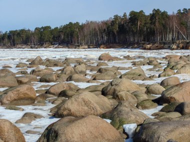 Kışın kumtaşı kayalıkları olan deniz kenarındaki manzara, ön planda yuvarlak taşlar.