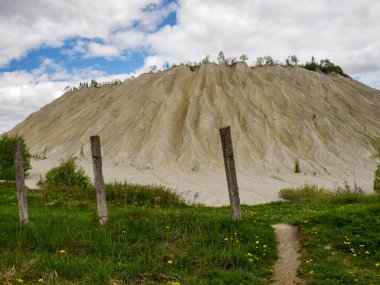 Beyaz bir dağın ve yeşil ağaçların üzerinden geçen taş bir çitin ötesine bak.