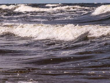 Arka planda parlak dalgalar, bulutlar ve deniz ile bulanık ön plan