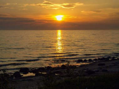 Denizde güzel bir gün batımı, ön planda ağaç dallarının siluetleri