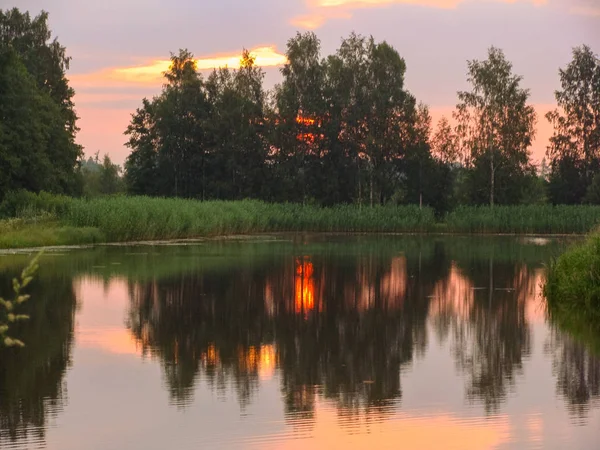 Podświetlany Krajobraz Wschód Słońca Nad Jeziorem Mgła Wznosi Się Nad — Zdjęcie stockowe