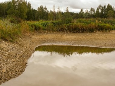  Topraklı manzara ve susuz bir gölet, kıyıda otlar ve sazlıklar