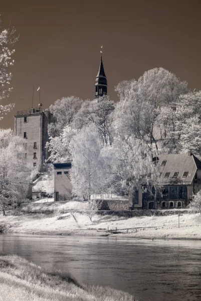 infrared photo with old church in the background