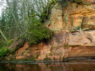 Nehir kıyısında kumtaşı kayalıkları olan manzara