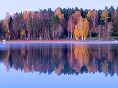 Sakin sulara yansıyan ağaçlarla ve bulutlarla dolu bir manzara.