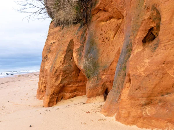 Landscape with sandstone cliff fragments on blurred background — Stock Photo, Image