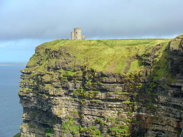 Renkli okyanus manzarası, yeşil çimenli kayalar, kayalar ve mavi su. İrlanda 'daki Moher Kayalıkları