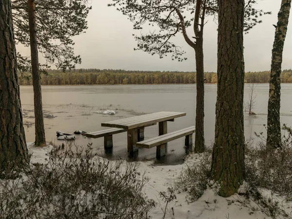Paisagem Inverno Com Margem Lago Inundada Área Piquenique Coberta Gelo — Fotografia de Stock
