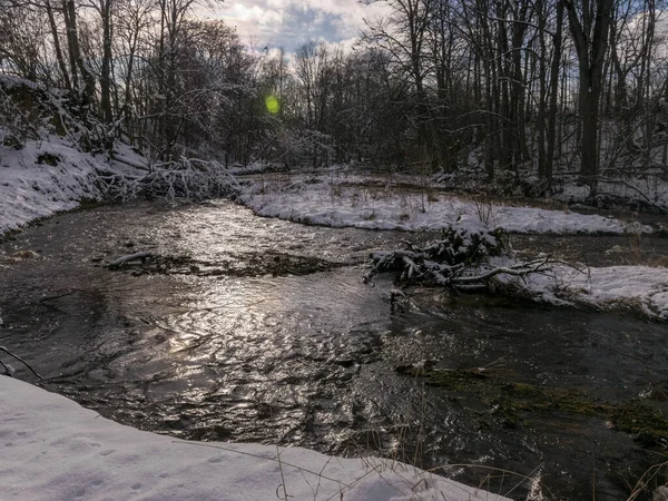 Paisagem Inverno Com Rio Fluindo Rápido Selvagem Terra Coberta Neve — Fotografia de Stock