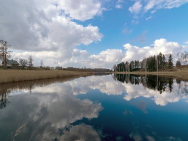 Sakin göl manzarası, mavi gökyüzü, sudaki bulutların muhteşem yansımaları.