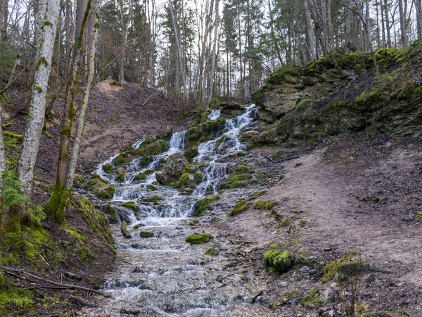 A stream of water flowing over rocks and creating a waterfall effect, clear water and green moss growing on the rocks. Kazu Grava, Latvia