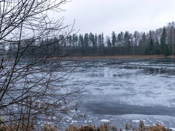 Paisagem Inverno Com Lago Congelado Silhuetas Árvores Nuas Nas Margens — Fotografia de Stock