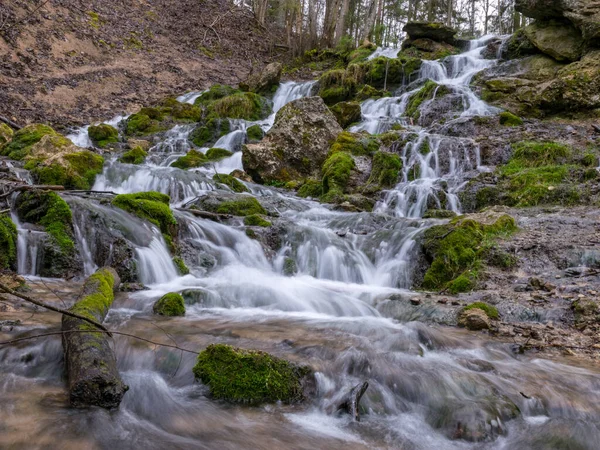 岩の上を流れる水の流れと滝の効果 澄んだ水と緑の苔の岩の上に成長を作成します ラトビアのカズ グラヴァ — ストック写真