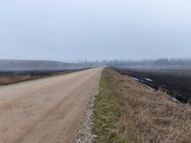 Sis manzarası, bulanık arka plan, tarla parçaları, toprak yol ve ön planda kuru otlar.