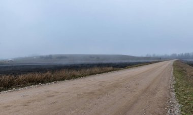 Sis manzarası, bulanık arka plan, tarla parçaları, toprak yol ve ön planda kuru otlar.