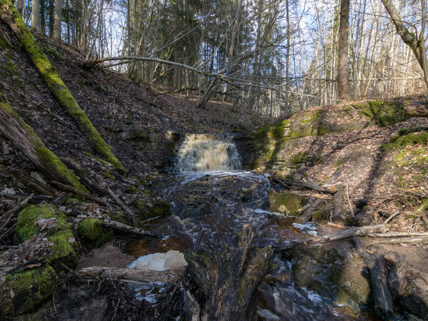 spring landscape with a small waterfall on a small wild river