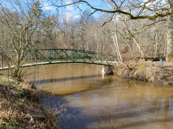 spring landscape with river and bare trees on river bank, green bridge over river, Abava river, Latvia