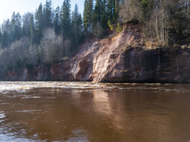Nehir kıyısında kumtaşı kayalıkları olan büyüleyici bir bahar manzarası, hızlı akan ve temiz nehir suyu, Kuku kayalıkları, Gauja nehri, Letonya