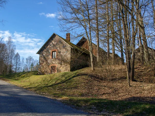 Dans Une Vieille Maison Pierre Fenêtres Avec Briques Rouges Portes — Photo