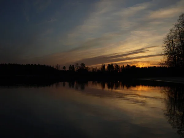 Pink Purple Dawn Sunrise Mirror Images Lake Lake Vaidava Latvia — Stock Photo, Image