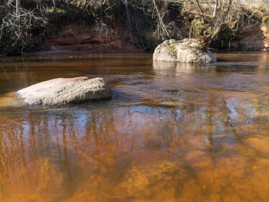 Uzun süre taşlarla kaplı küçük nehirler, erken bahar manzarası