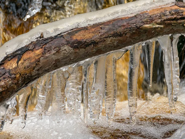 Ein Baumstamm Vordergrund Und Fragmente Gefrorener Eiszapfen Flusswasser Verschwommenen Hintergrund — Stockfoto