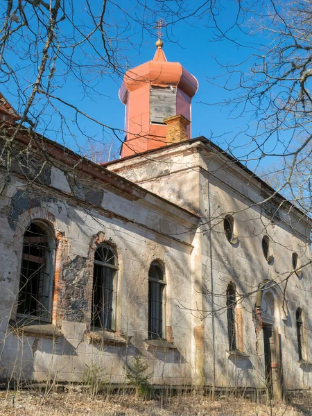 Krajina Krásným Bílým Kostelem Proti Modré Obloze Kostel Vyrostl Keřů — Stock fotografie