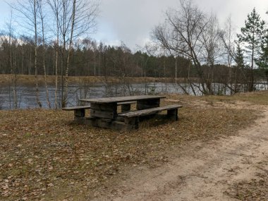 Baharın başında nehir manzarası, kuru çimenler ve ağaç siluetleri, nehir kenarında piknik yeri.
