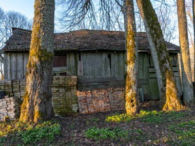 Basit bir çiftlik manzarası, eski ahşap bir ahır ve kış için hazırlanmış odun.