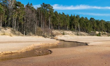 Güneşli bir bahar gününde deniz manzarası, kumlu deniz kıyıları, Vidzeme kıyıları, Letonya