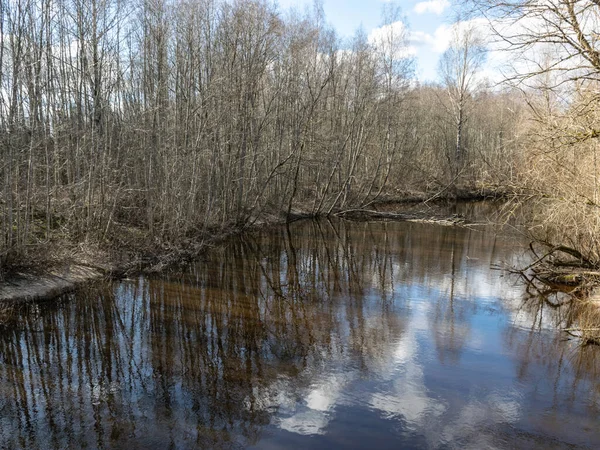 Flussblick Von Der Brücke Kleiner Fluss Vorfrühling Blauer Himmel Und — Stockfoto