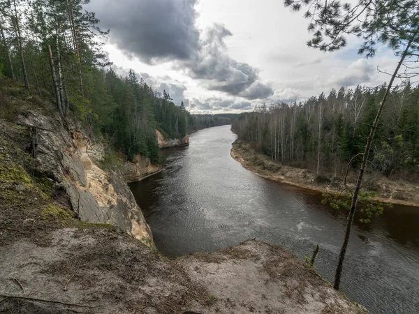landscape from above, river forest landscape, forest river reflection, river Gauja near Erglu cliffs, Latvia