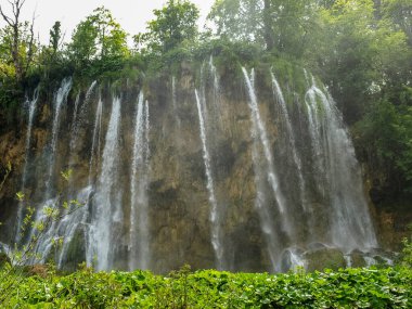 Güzel şelaleler ve dereler, Hırvatistan 'ın Plitvice Gölleri Ulusal Parkı' ndaki kristal berrak su