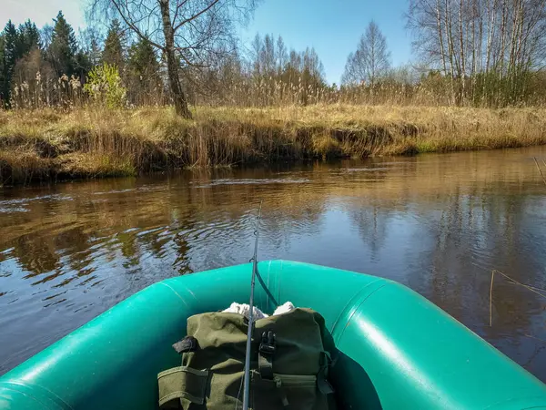 小さな野生の川の銀行 川を渡る倒木の幹 最初の春の緑 漁船からの眺め セダス川 ラトビア — ストック写真