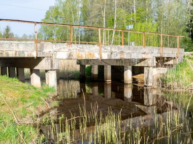 Baharda küçük bir nehrin üzerinde eski bir beton köprü. İlk yeşil çimen zemini kaplıyor.