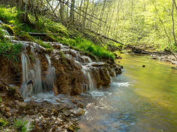 Mysterious Long Exposure Spring River Waterfall Stones Green Moss Spring — Stock Photo, Image