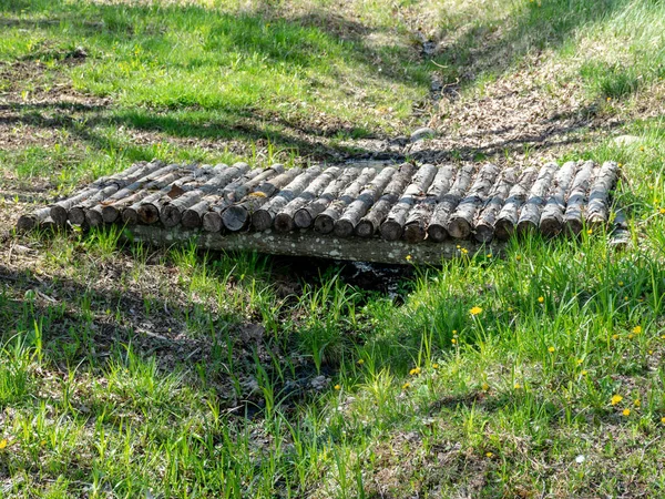 Image Avec Pont Bois Sur Petit Fossé Texture Bois Herbe — Photo