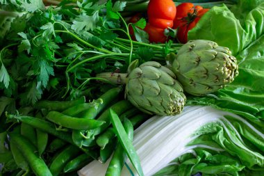 Enginar, pazı ve rezene üzerinde domates köftesi. Doğal çiğ yiyecekler. Yavaş yemek..