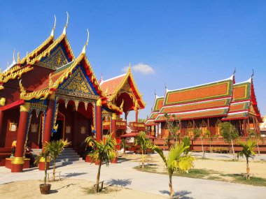 Antik renkli Budist tapınağı. Palmiyelerle çevrili dini manastır binaları