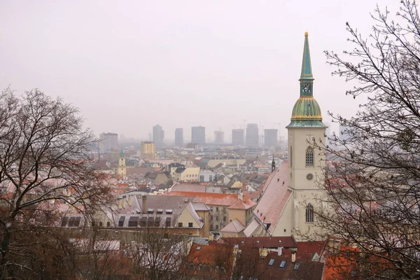 Widok na Bratysławę i katedrę św Marcina z zamku w Bratysławie, Słowacja zimą — Zdjęcie stockowe