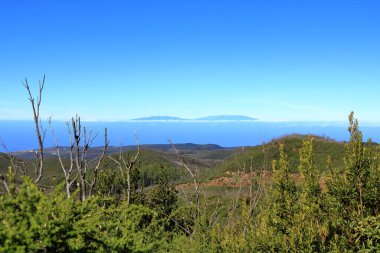 Garajonay 'ın zirvesinden, kavrulmuş çalılar ve ağaçlar üzerinde 2012' deki orman yangınının izlerini, İspanya 'nın La Palma, La Gomera, Kanarya Adaları' ndaki ufuk çizgisinde görüyoruz.