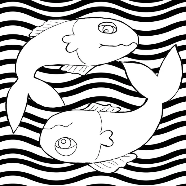 black and white illustration, children\'s coloring book, cute cartoon-style sea fish forming a circle with waves isolated on a white background, Wallpaper, fabric, textures, design, and so on