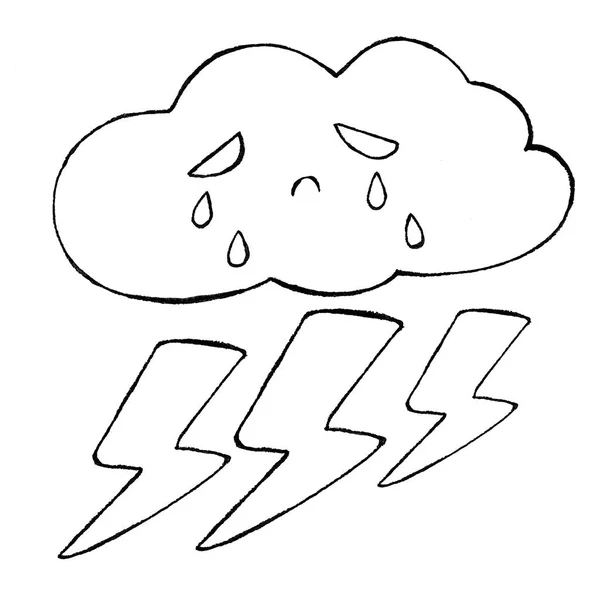 black and white illustration, children\'s coloring book, cute sad cloud with tears and three lightning bolts isolated on white background, Wallpaper, fabric, textures, design, and so on