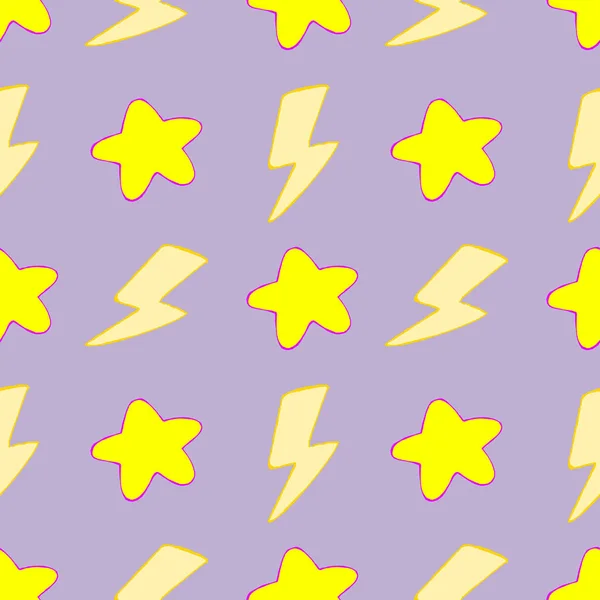 Seamless pattern cartoon style cute yellow stars with pink outline with yellow zippers on purple background, Wallpapers fabric, textures, design, and so on