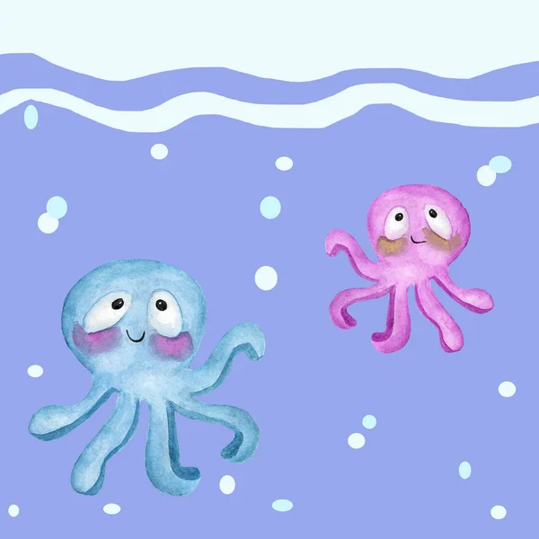 watercolor illustration sea postcard with the sea with pink and blue octopus on a blue background sea inhabitants, postcard illustrations, Wallpaper, texture, design and so on