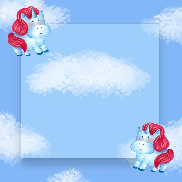 illustration square frame cartoon blue unicorns with red mane on a blue with white clouds background, illustration for textiles, fabric, posters, design, postcards sites, and so on