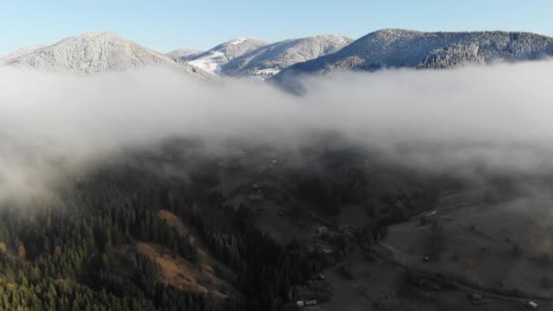 Mountain Village Colored Autumn Trees Hills Snowed Peak Mountains — Stock Video