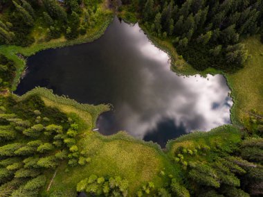 Ukrayna Karpatları 'nda hava manzarası, güzel dağ gölü Maricheika. Ülkenin güzel yerlerinin Ukrayna doğası..